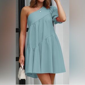 One shoulder ruffled tier summer dress in sage green